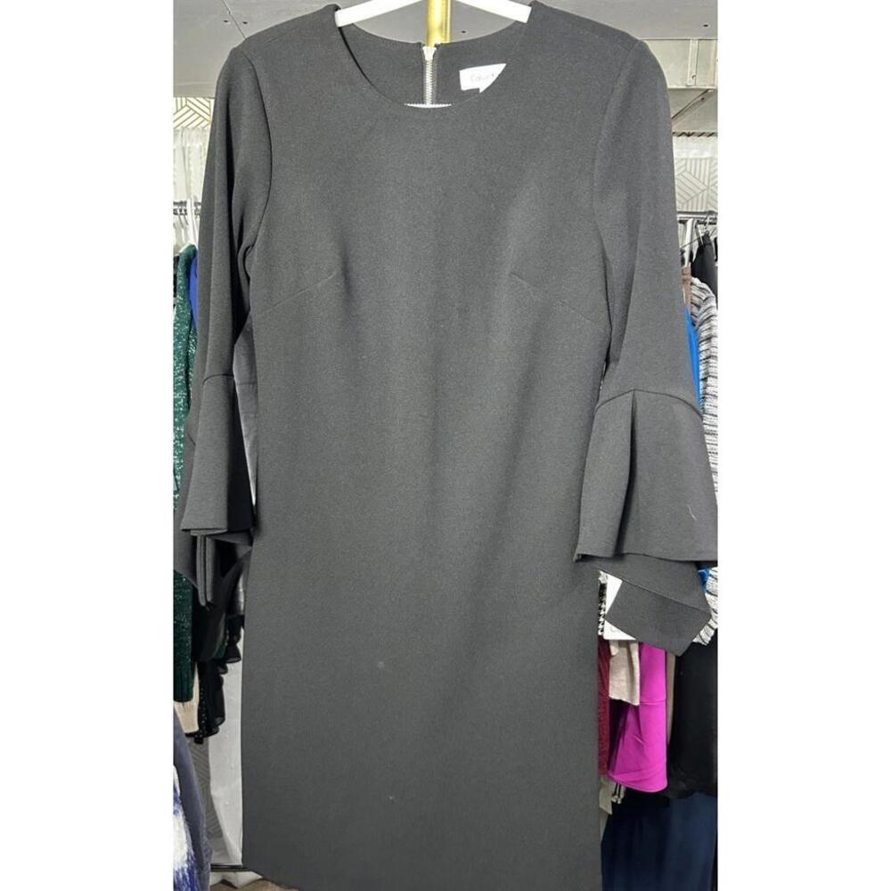 NWT  Calvin Klein Women Sz 2 Black Ruffle Bell Sleeves Knee Length Dress